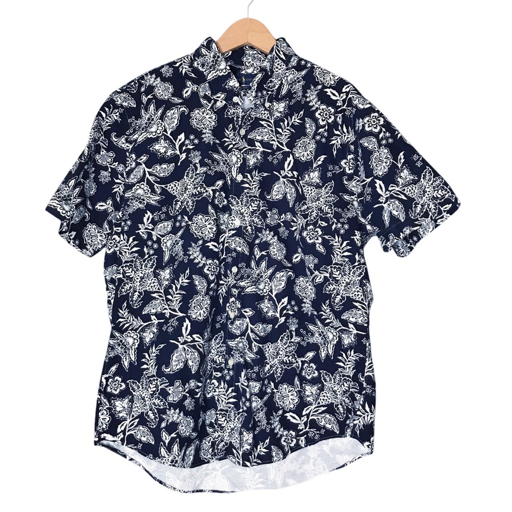 Ralph Lauren Blue White Tropical Floral Shirt Button Down Short Sleeve Men’s XL